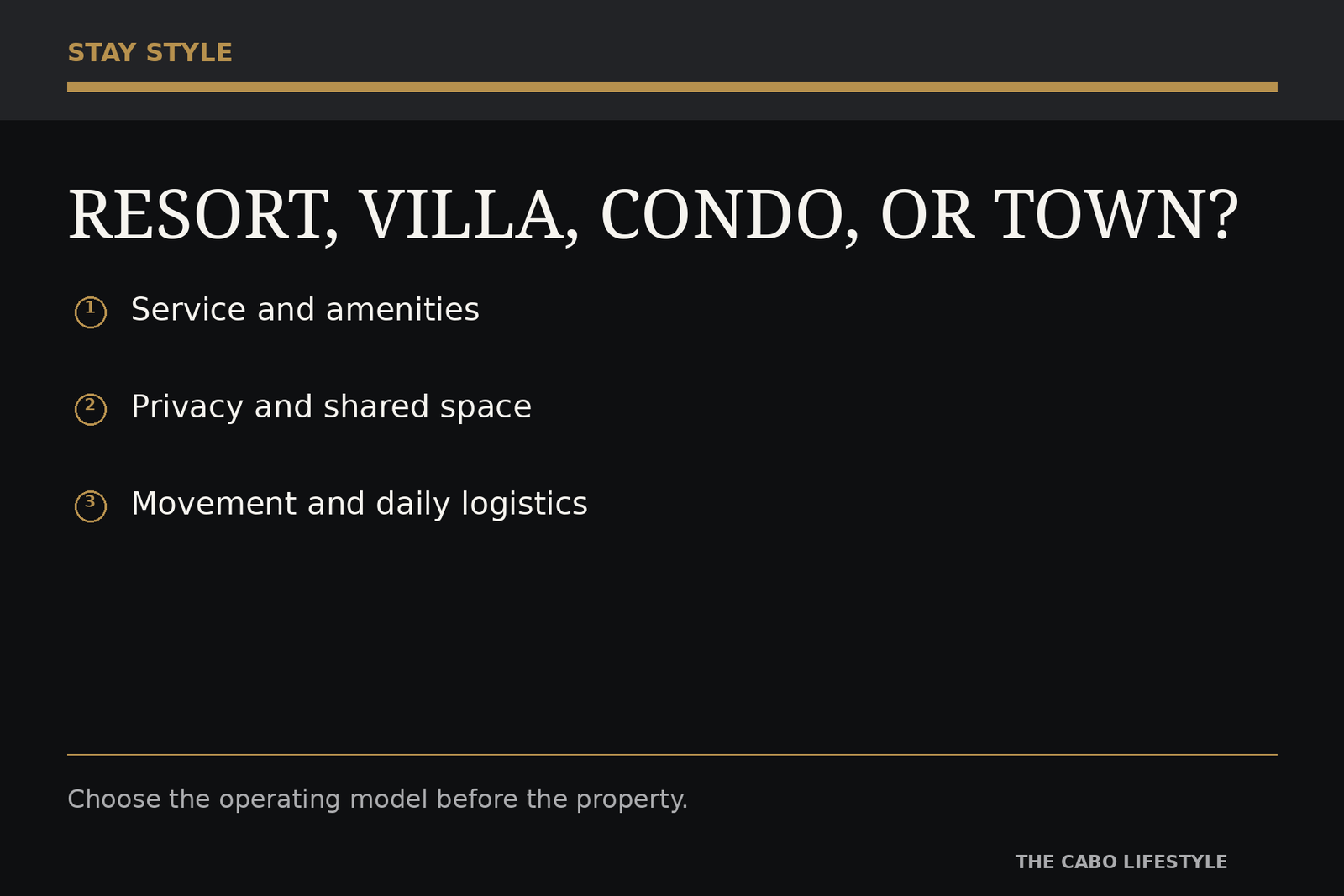 Editorial decision graphic comparing resort, villa, condo, and town-based stays.