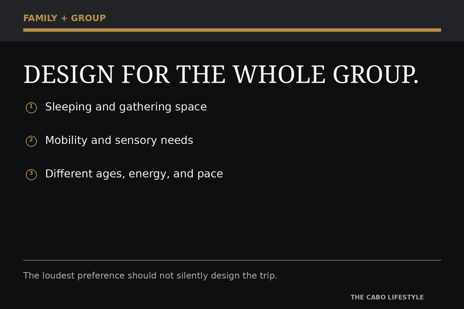 Editorial decision graphic for family and group planning priorities.