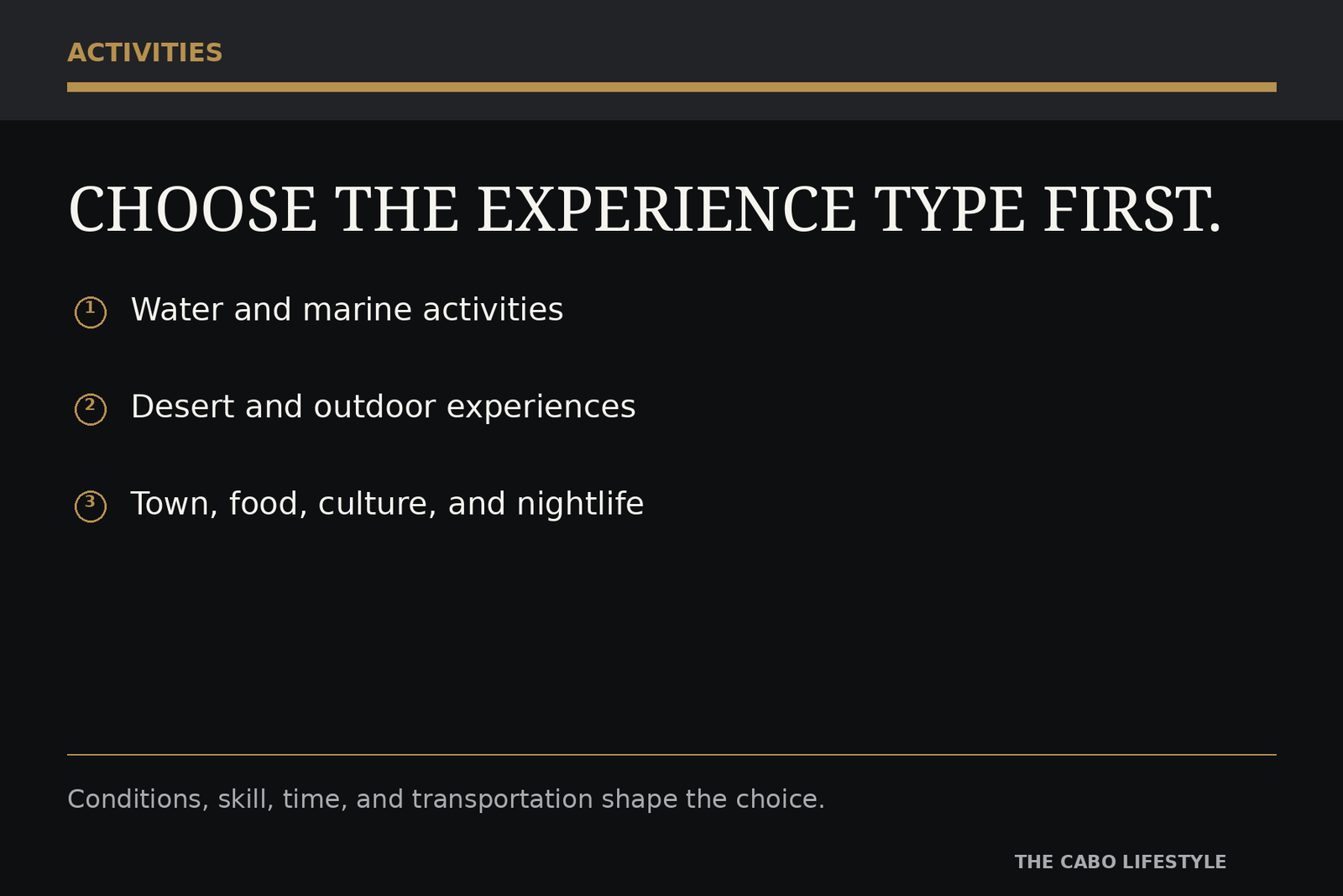 Editorial decision graphic comparing Cabo activity and experience priorities.
